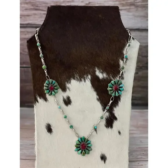 Handmade Sterling Silver Dahlia Rose with Emerald Valley Turquoise Necklace Si